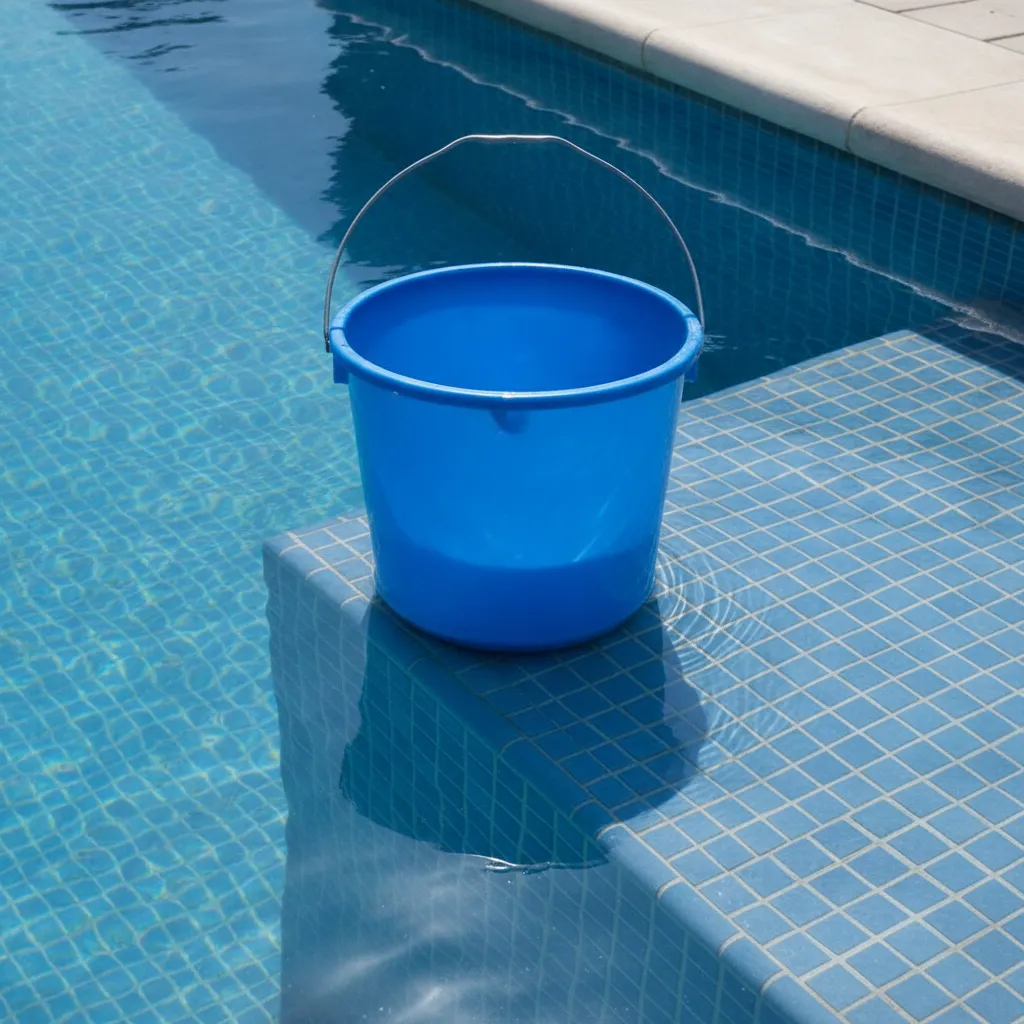 Seau posé sur une marche de piscine, niveau d'eau marqué au feutre