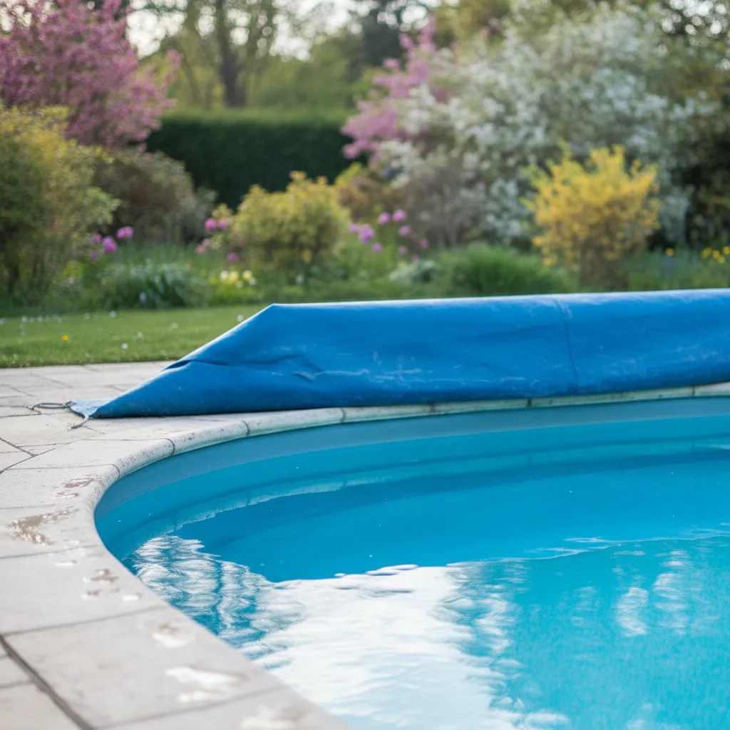 Bâche d'hivernage à demi retirée sur un bassin de piscine